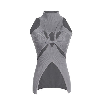 European and American 2025 spring new high neck sleeveless irregular with personality hollow design high-grade women's knitted vest