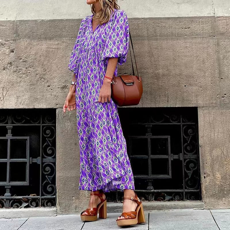Spring and Autumn European and American new geometric collage puff sleeve dress female street fried street plus size women's dress