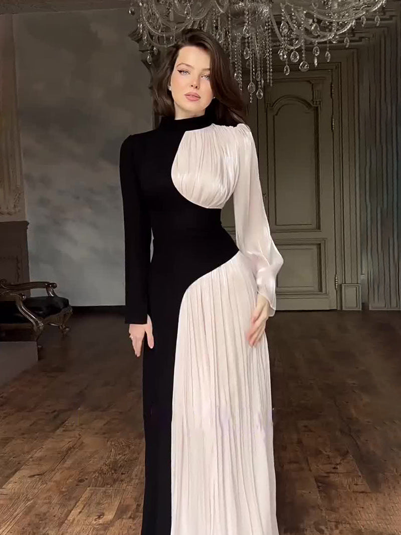 Amazon 2024 Europe and America cross border irregular color contrast patchwork dress high waist pleated slingback long dress for women