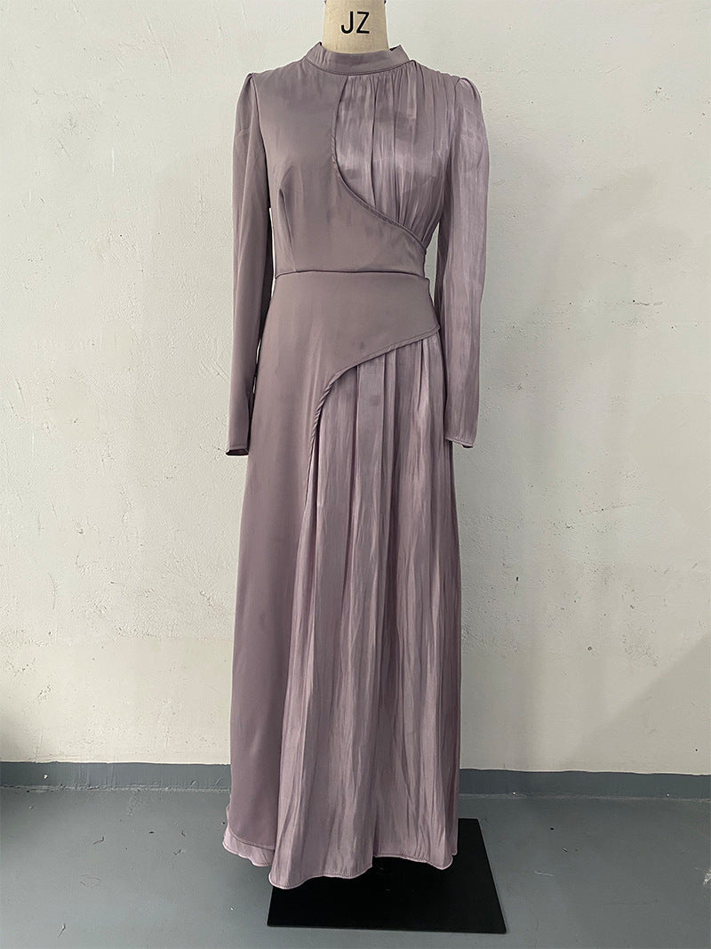 Amazon 2024 Europe and America cross border irregular color contrast patchwork dress high waist pleated slingback long dress for women