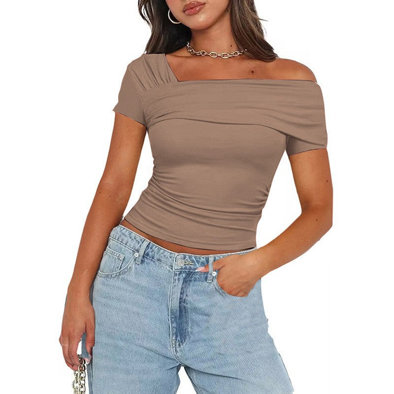 Amazon cross-border foreign trade Women's One shoulder short sleeve shirt pleated T-shirt y2g solid color slim shirt