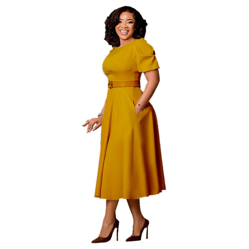 Cross-border women's clothing 2024 Summer new elegant solid color plus size puff sleeve midi dress high waist plus size African dress