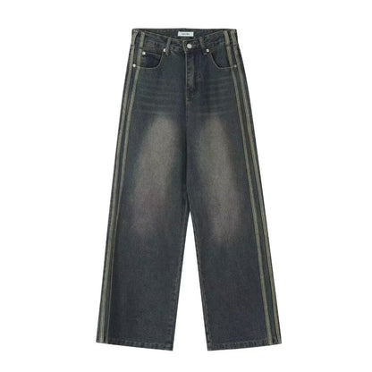 2024 design retro side striped jeans punk vibe distressed loose wide leg mopping women's casual pants