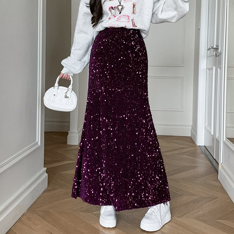 Heavy embroidery sequins long skirt women's autumn high waist design sense minority fashion skirt draping fishtail skirt slimming temperament