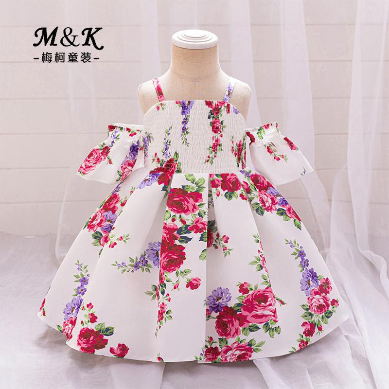 Cross-border new arrival girls' princess dress children's printed dress one year old Celebration dress summer off-the-shoulder dress satin long dress