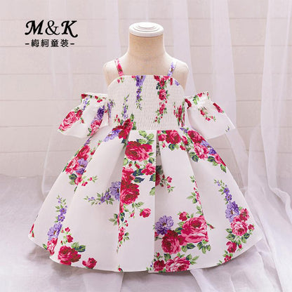 Cross-border new arrival girls' princess dress children's printed dress one year old Celebration dress summer off-the-shoulder dress satin long dress