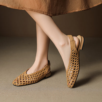 2025 spring and summer new women's casual sandals pointed toe toe cap weaving hollow breathable plus size soft bottom hole shoes