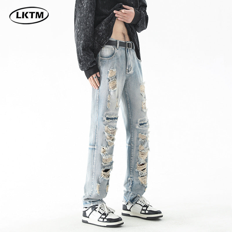 LKTM men's# American ripped retro jeans men's fashion brand High Street washed zipper split long pants