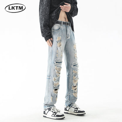 LKTM men's# American ripped retro jeans men's fashion brand High Street washed zipper split long pants
