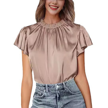 Women's summer satin shirt casual pleated short sleeves round neck party top