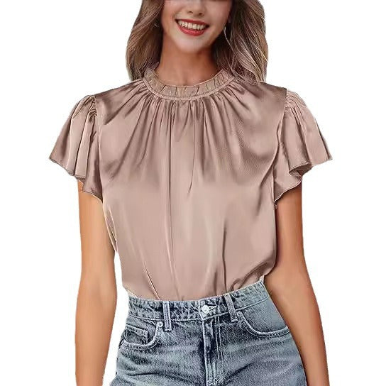 Women's summer satin shirt casual pleated short sleeves round neck party top