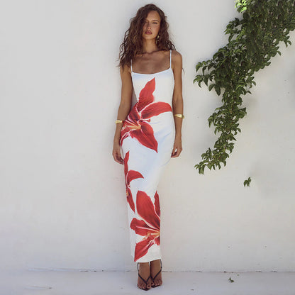 JY24198 suspender flower printed sexy dress 2024 Summer new hot girl backless slim fit long dress for women