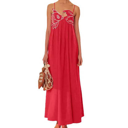 Europe and America cross border 2024 Summer new fashion elegant red fish-shaped top extra long dress backless slip dress