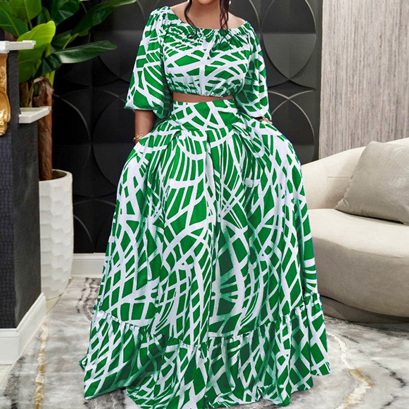 Cross-border 2025 spring new Amazon plus size women's elegant printed cross-border skirt fashion suit