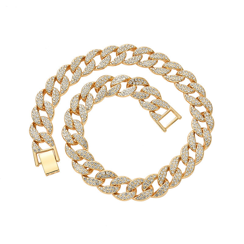 European and American hot clavicle chain jewelry full diamond alloy Cuban necklace hip hop jewelry summer rhinestone all-match necklace