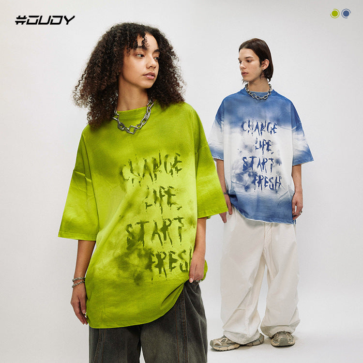 OVDY American Street Short Sleeve T-Shirt Cotton Gradient Spray Print Couple Letters