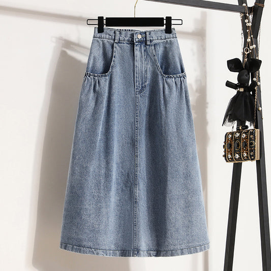 Niche design casual gewassen A-lijn denim midi-rok met hoge elastische taille