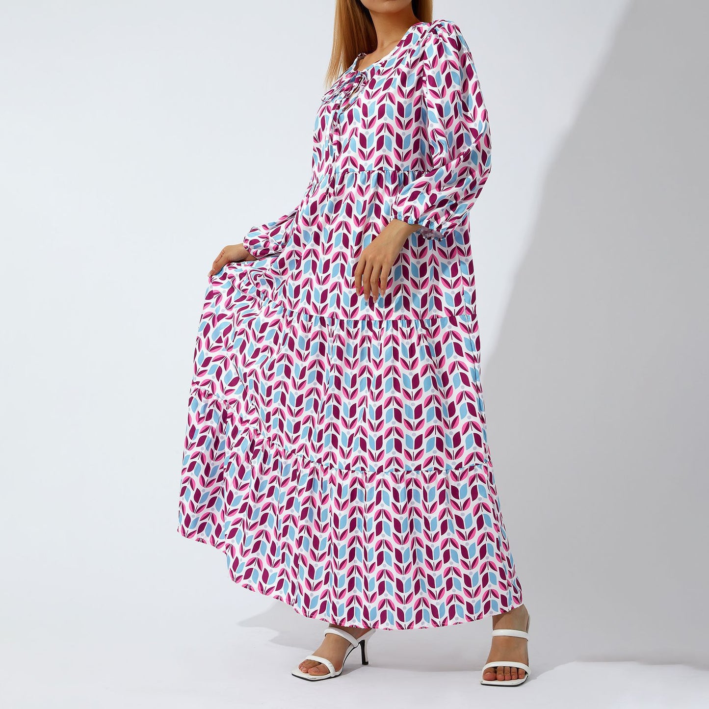 Spring and Autumn European and American new geometric collage puff sleeve dress female street fried street plus size women's dress