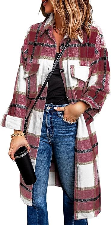Women's 2024 mid-length plaid jacket long sleeve button shirt fashion Winter brushed woolen dress and coat