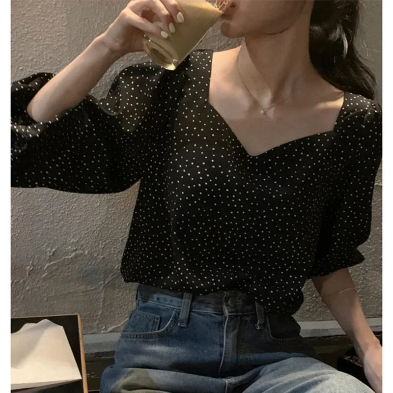 Autumn French style high sense retro anti-aging women's square collar off-shoulder contrast color polka-dot loose-fitting versatile long sleeve shirt