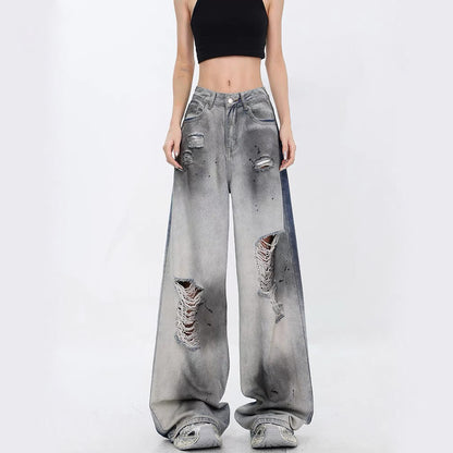2024 autumn and winter straight high waist jeans for women loose trendy gradient color design personality drooping wide-leg pants