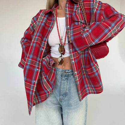 European and American 2024 autumn Amazon cross-border retro style all-matching lapel loose shirt Plaid long sleeve women's shirt