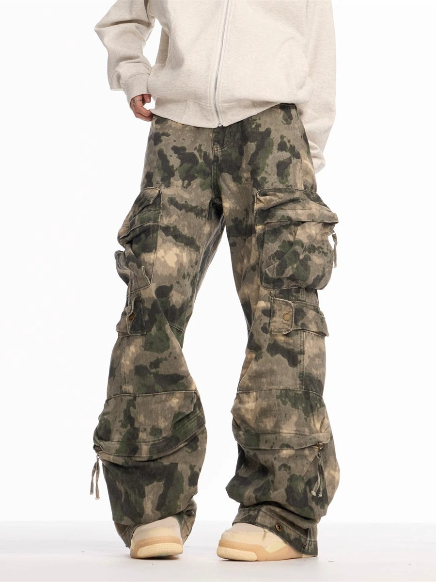 Spring and Autumn New American retro heavy industry camouflage loose trousers multi-pocket design sense wide-leg overalls men's fashion