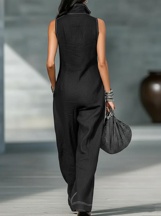 Polyester Solid Color  Slimming Sleeveless Zipper Women's Jumpsuit