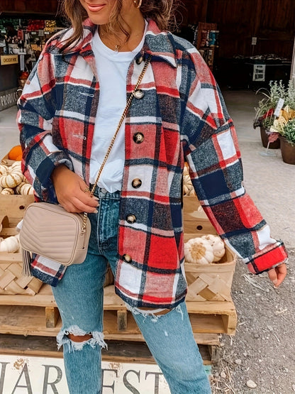 European and American new women's long sleeve plaid collar shirt jacket for autumn and winter|tops