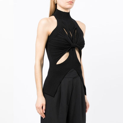 European and American 2025 spring new high neck sleeveless irregular with personality hollow design high-grade women's knitted vest