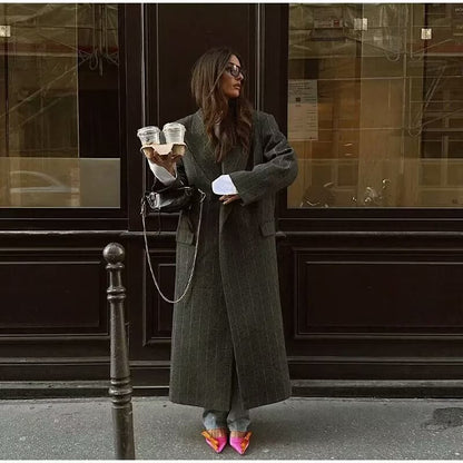 Cross-border women's clothing 2025 Spring and Autumn new European and American style plus size loose casual long striped knitted trench coat for women
