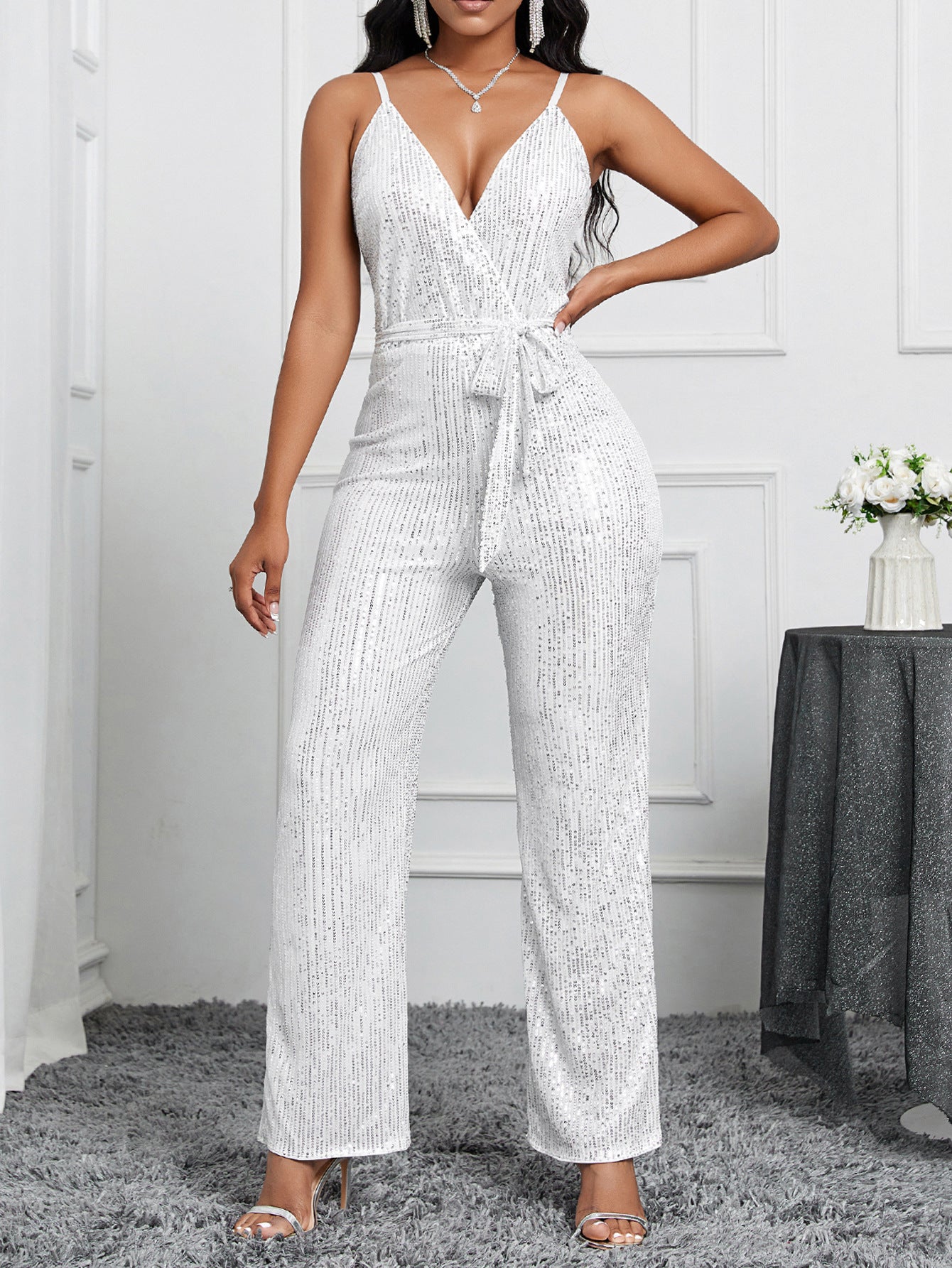 Niche design style European and American Foreign trade exclusive for cross-border solid color suspender jumpsuit elegant temperament