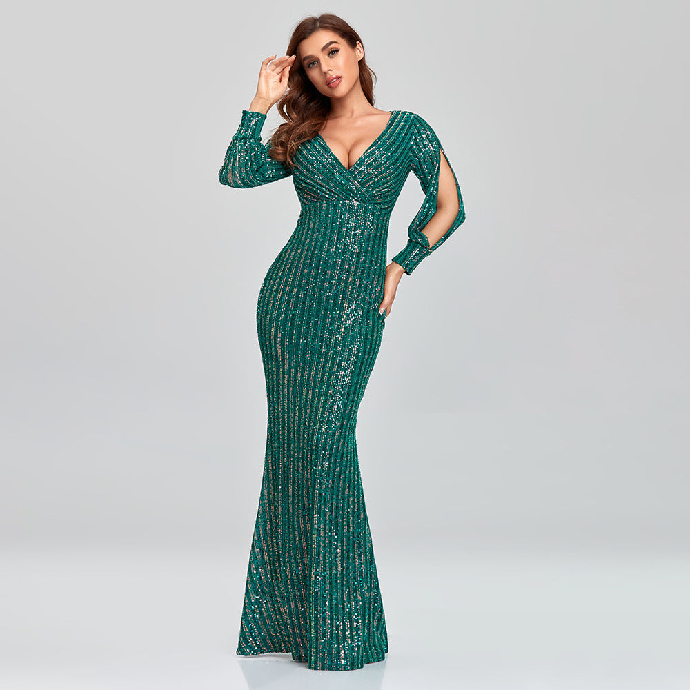 Spring Autumn New Women's Plus Size Long Sleeve V Neck Sequin Mermaid Evening Dress |women's clothing