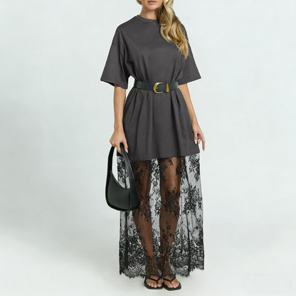2026 Summer New Plump Girls’ Plus-Size Slimming Casual Solid-Color European and American Personalized Designer-Look Lace Patchwork Dress