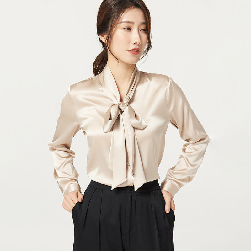 Heavy mulberry silk shirt with ribbon Women's Spring and Autumn new long sleeve bottoming V-neck bow women's silk shirt