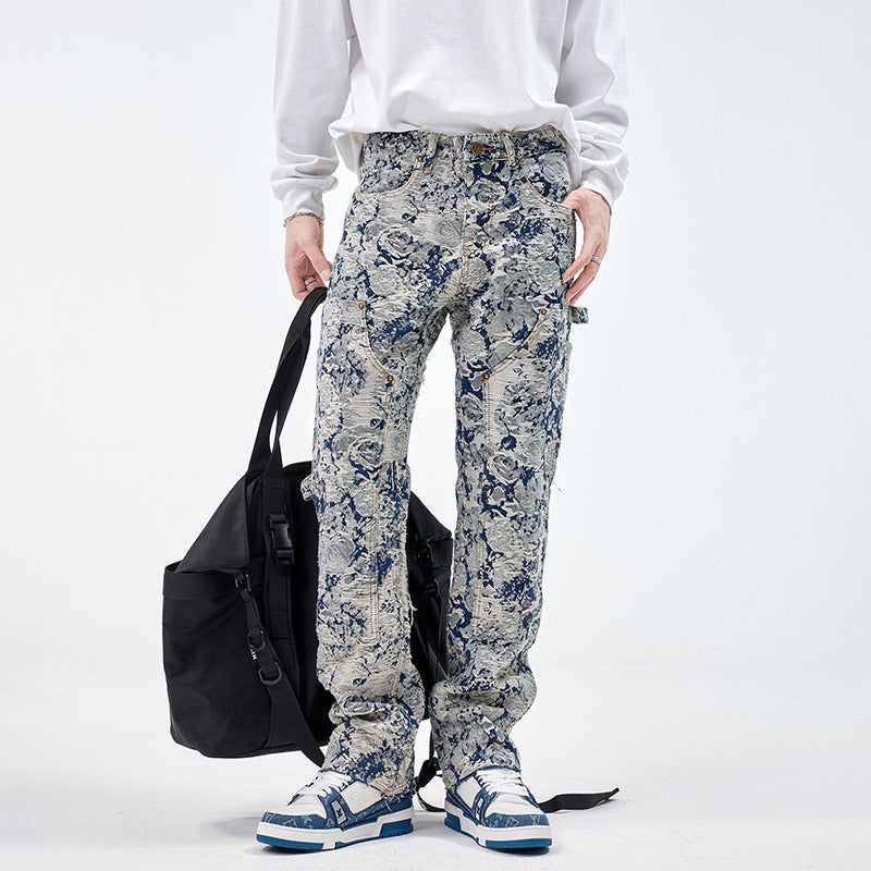 *** Design sense niche jeans men fashion brands jacquard loose hole straight autumn and winter high-end jacquard pants
