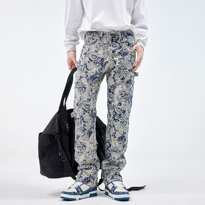 *** Design sense niche jeans men fashion brands jacquard loose hole straight autumn and winter high-end jacquard pants