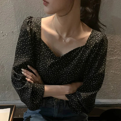 Autumn French style high sense retro anti-aging women's square collar off-shoulder contrast color polka-dot loose-fitting versatile long sleeve shirt