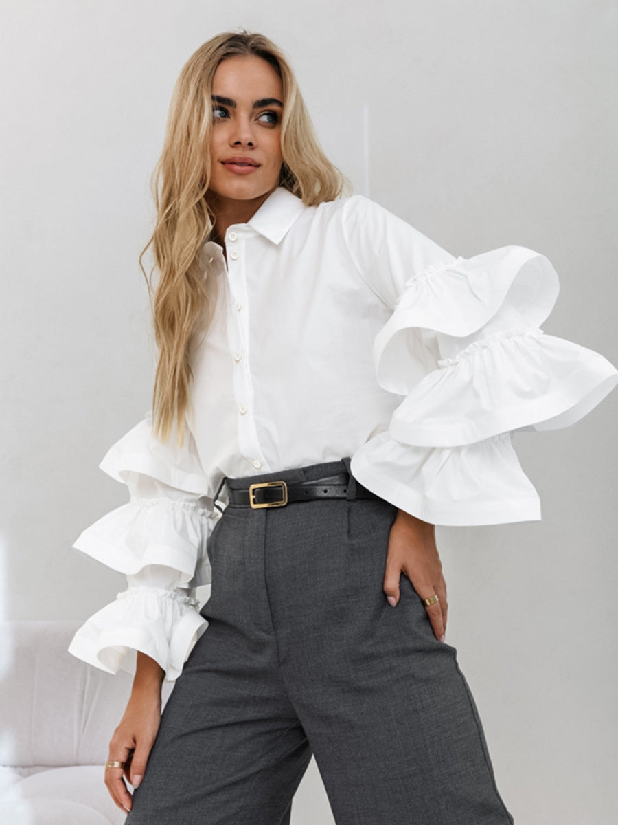 French White Ruffle Blouse Cotton Collar Shirt |tops