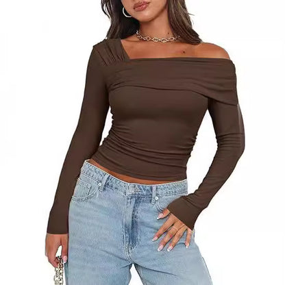 Amazon hot selling product 2025 spring and autumn Women's One shoulder long-sleeved shirt pleated going out tops slim y2g shirt