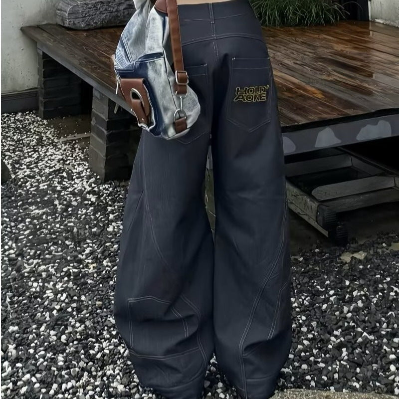 New American retro wide leg loose design black jeans men and women Street casual straight pants fashion brand