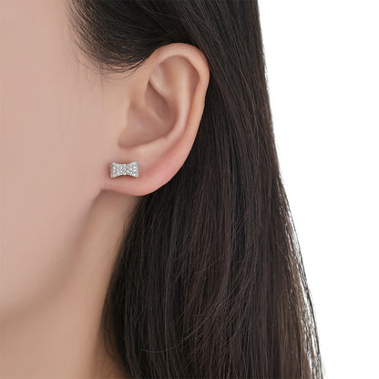 925 sterling silver diamond inlaid bow stud earrings simple Korean style artistic temperament earrings niche design ornament women