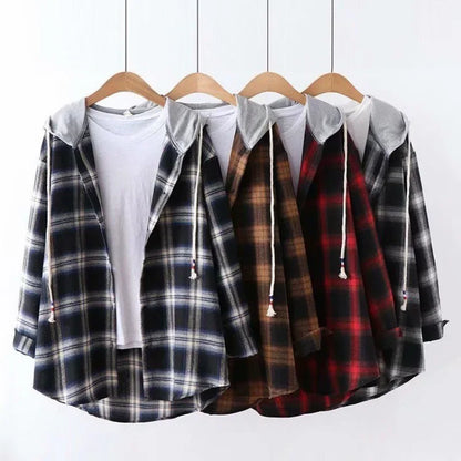 2025 women's new Korean style hooded bf loose plaid long sleeve blouse Harajuku students shirt coat