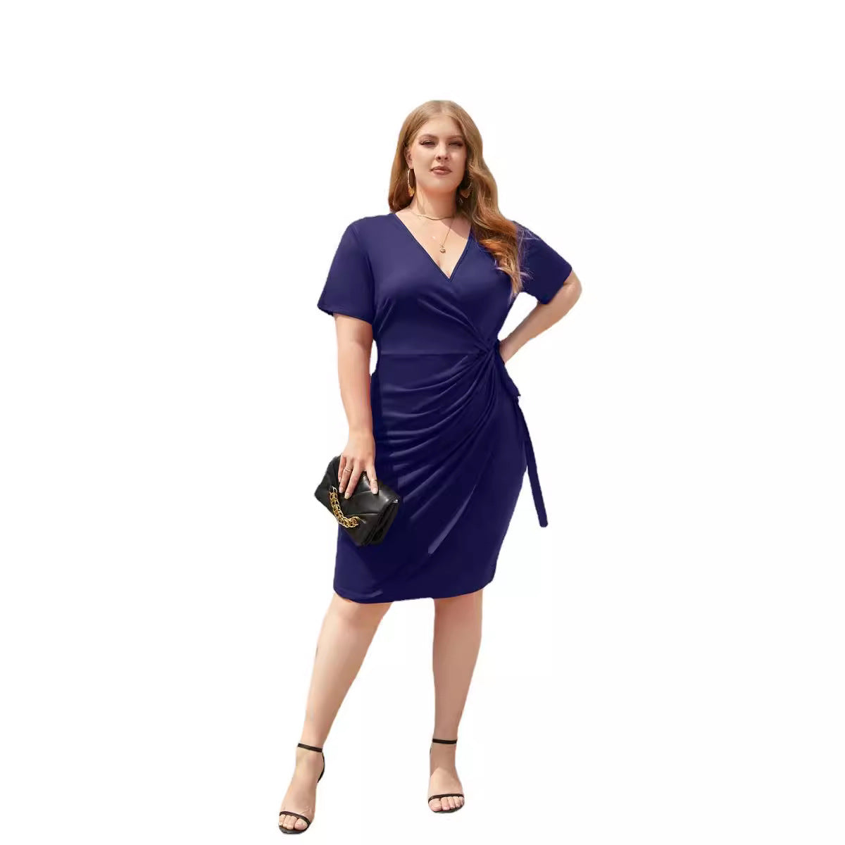 Cross-border plus size women's clothing plus size solid color casual holiday dress bandage vacation V-neck mid-length dress