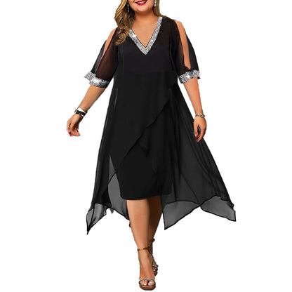 Cross-border women's clothing mid-skirt summer European and American fashion design stitching sequins off-shoulder loose plus size ladies dress