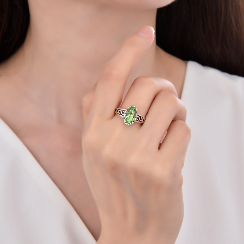 925 sterling silver green crystal ring female cross-border retro personality fashion hollowed-out unlimited design ring adjustable opening