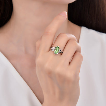 925 sterling silver green crystal ring female cross-border retro personality fashion hollowed-out unlimited design ring adjustable opening