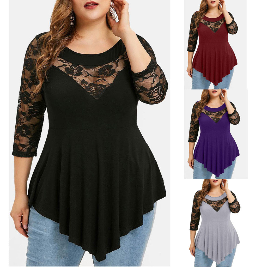 European and American plus size women's clothes lace patchwork round neck 7-point sleeve t-shirt women's loose slimming irregular top foreign trade Wholesale