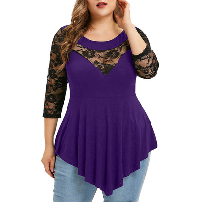 European and American plus size women's clothes lace patchwork round neck 7-point sleeve t-shirt women's loose slimming irregular top foreign trade Wholesale