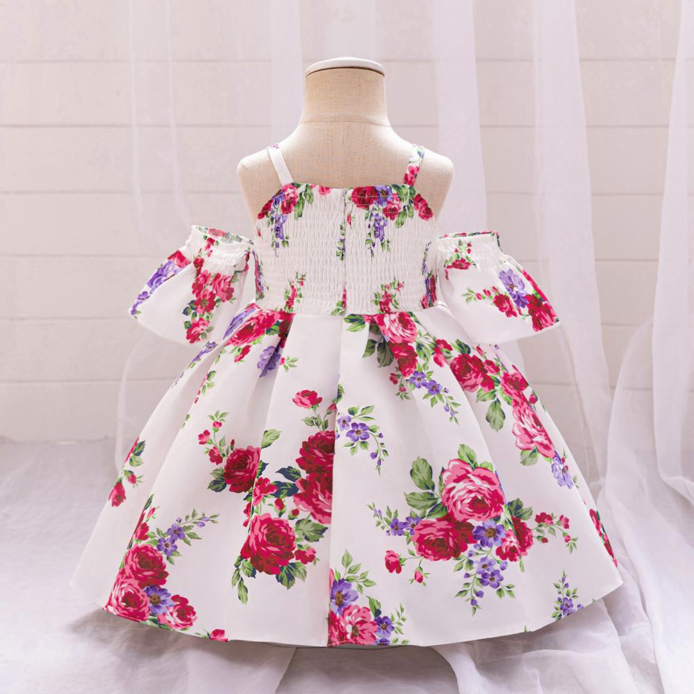 Cross-border new arrival girls' princess dress children's printed dress one year old Celebration dress summer off-the-shoulder dress satin long dress